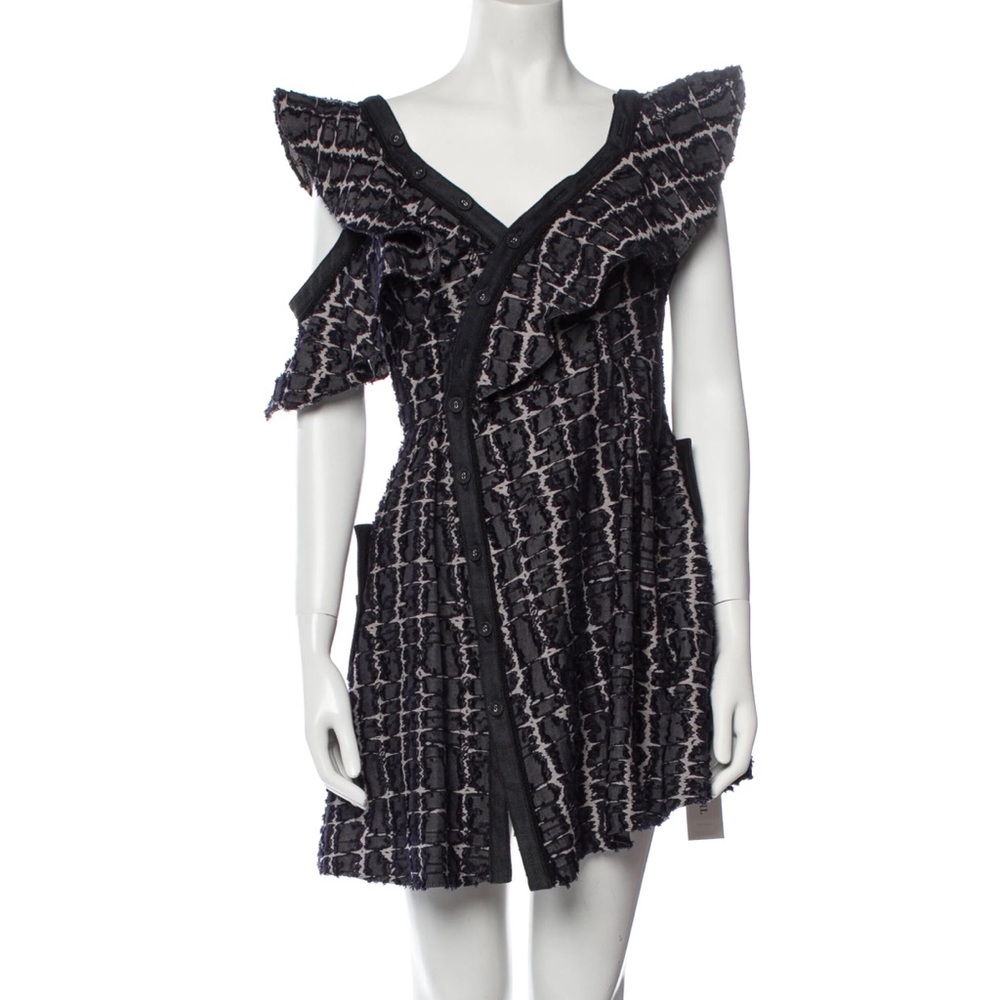 Black and Gray Ruffled V-Neck Women's Dress